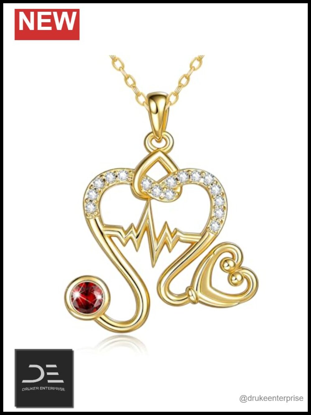 14K Gold Plated Nurse Necklace Heart Stethoscope Birthstone Pendant